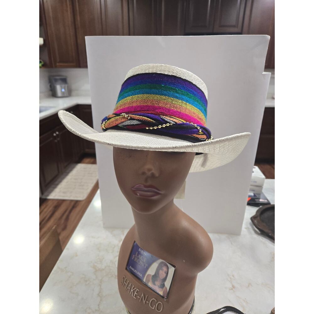 Ladies Arlop Straw Hat Size 7 Mexico Vibrant Rainbow Pearl Accent Band Elegant